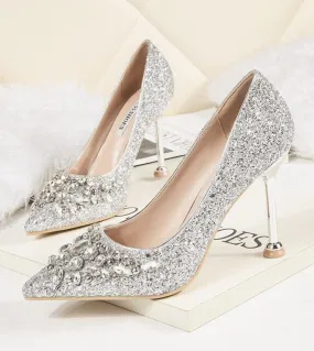 2022 di Modo di Autunno Delle Donne Scarpe Donna Tacchi Alti Punta a Punta Glitter Pompe Spose Femminili Scarpe da Sposa Argento