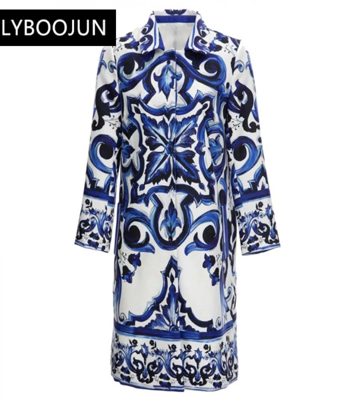 2022 Luxury Designer Autumn Runway Elegante soprabito invernale da donna Elegante blu e bianco in porcellana a maniche lunghe Ou