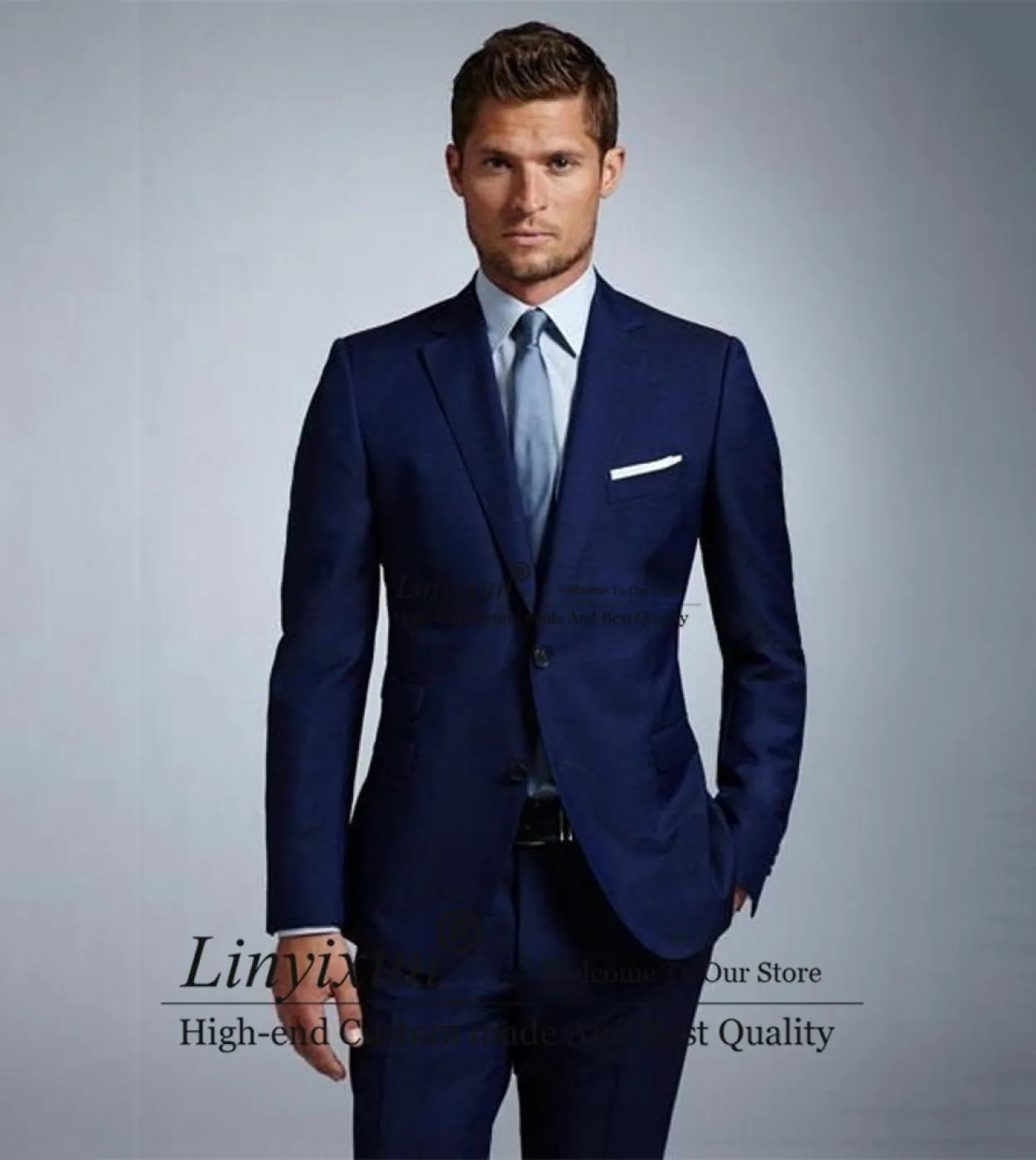 Abito da uomo blu navy moda con risvolto dentellato 2 pezzi giacca da lavoro formale slim fit matrimonio sposo smoking costume H