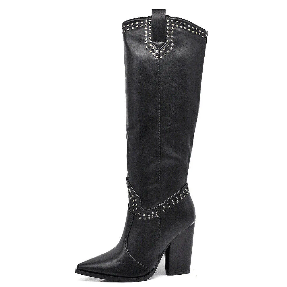 Stivali Alti Texani Cowboy Western A Punta Da Donna Con Borchie 9647