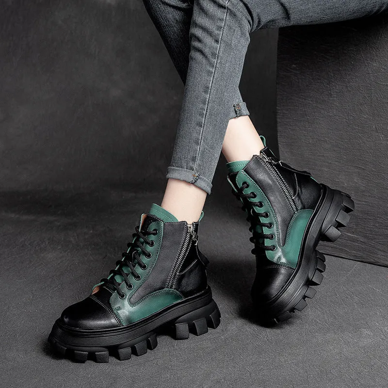 Stivali casual con plateau in pelle patchwork da donna
