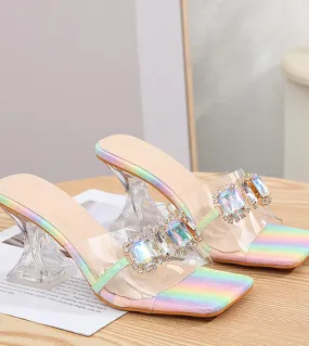 Tacchi alti di grandi dimensioni Scivoli femminili Sandali con diamanti Scarpe da donna Scarpe Pantofole con punta quadrata Casu