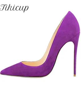 Tikicup Purple Flock Donna Punta a punta Eleganti Décolleté a spillo Abito formale da donna Scarpe da festa Finta pelle scamosci