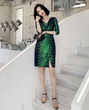 Wei Yin Ae0329 Abiti da ballo corti con paillettes lucidi con mezze maniche Cerniera posteriore con scollo a V Mini vestito da b